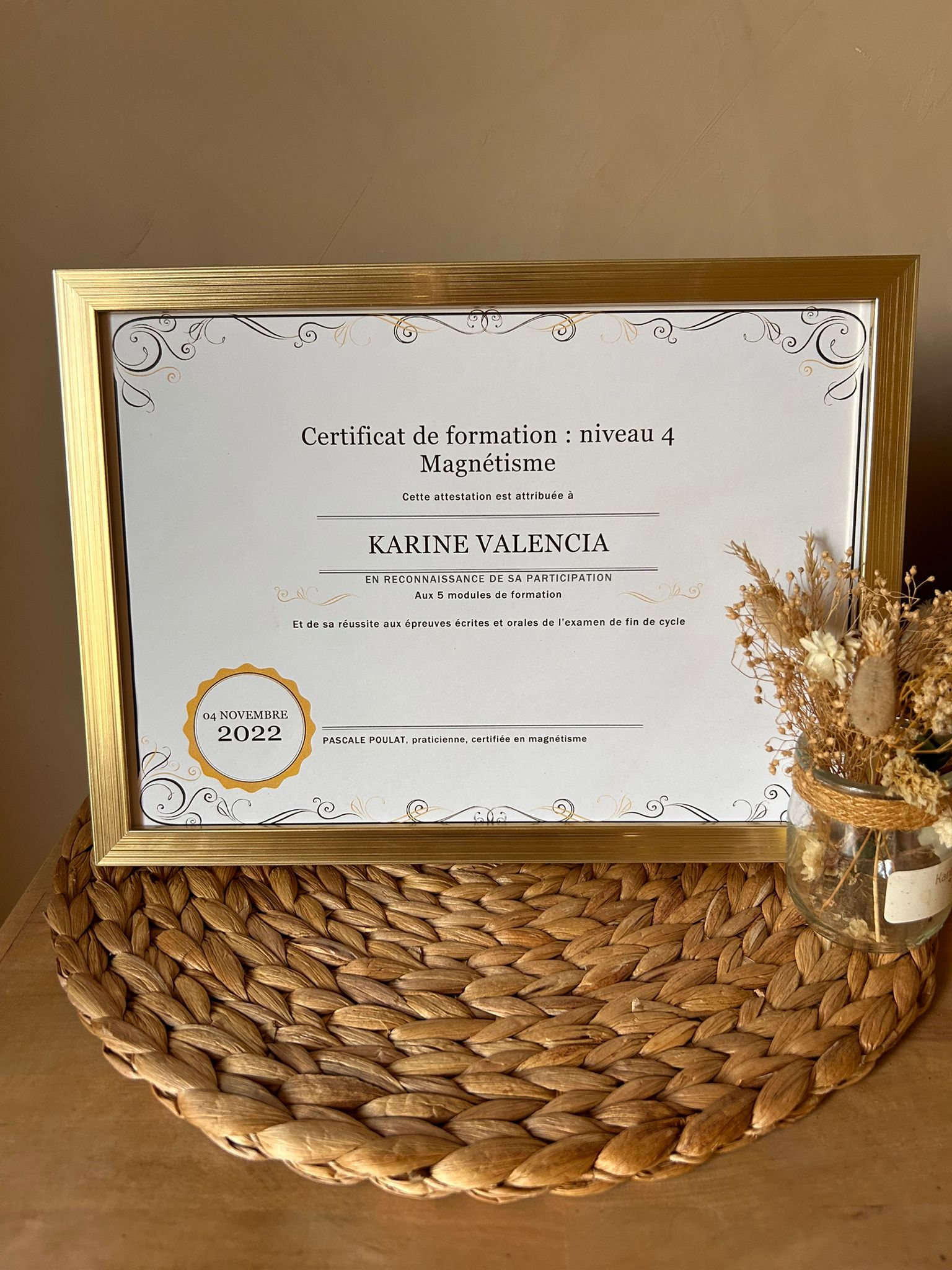 Certificat de praticienne en magnétisme de Karine